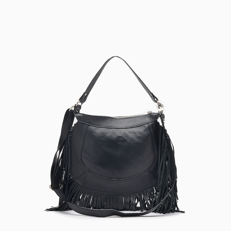 Cartera Hush Puppies Negro Bandolera cuero flecos Sharon
